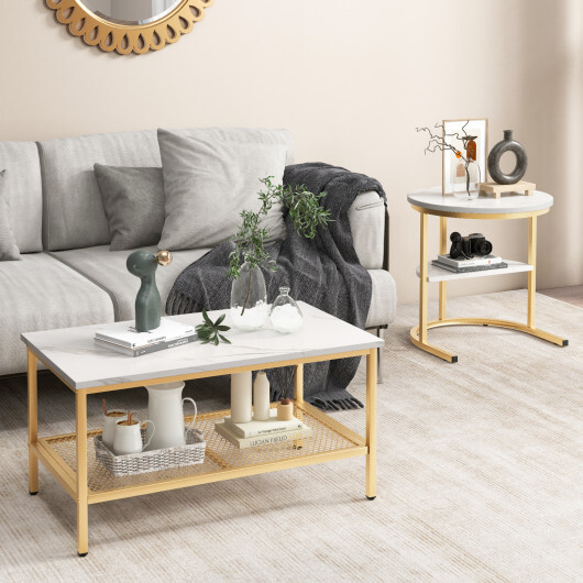 Set of 2 Nesting Coffee Table with Extra Storage Shelf for Living Room-Golden - Color: Golden - Image 3