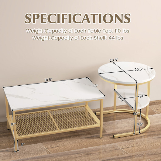 Set of 2 Nesting Coffee Table with Extra Storage Shelf for Living Room-Golden - Color: Golden - Image 4