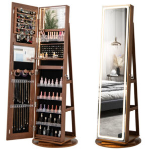 Standing Jewelry Cabinet with Adjustable LED Lights-Brown - Color: Brown