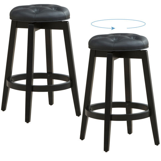 360?° Swivel Upholstered Rubberwood Frame Bar Stool Set of 2 with Footrest-24 inches - Color: Black - Size: 24 inches