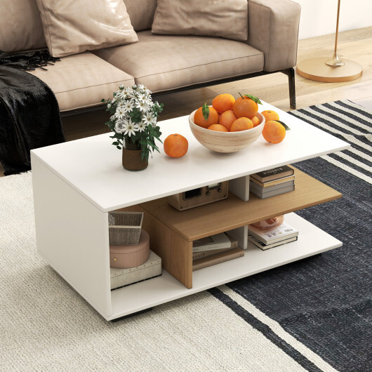 Rectangular Coffee Table with L-shaped Middle Shelf-White - Color: White - Image 2