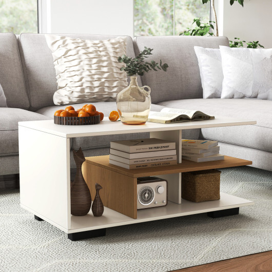 Rectangular Coffee Table with L-shaped Middle Shelf-White - Color: White - Image 3