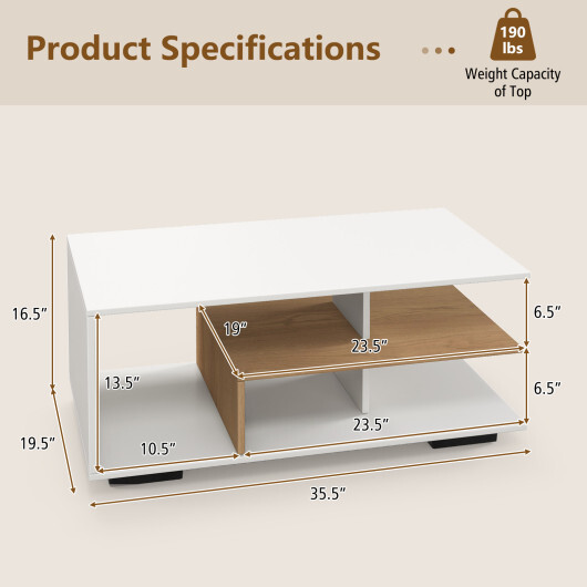 Rectangular Coffee Table with L-shaped Middle Shelf-White - Color: White - Image 5