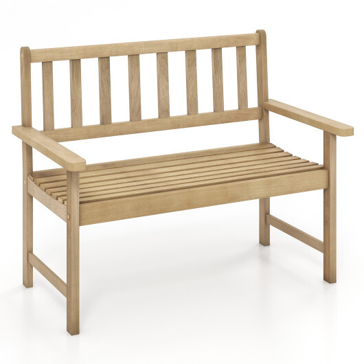 Outdoor Indonesia Teak Wood Garden Bench 2-Person with Backrest and Armrests - Color: Natural