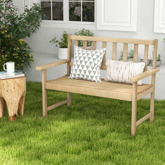 Outdoor Indonesia Teak Wood Garden Bench 2-Person with Backrest and Armrests - Color: Natural - Image 2
