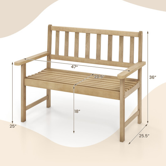 Outdoor Indonesia Teak Wood Garden Bench 2-Person with Backrest and Armrests - Color: Natural - Image 4