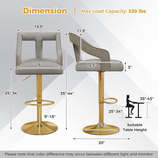 Set of 2 Bar Chairs with Footrest and 2-Layer Electroplated Metal Base-Gray - Color: Gray - Image 3