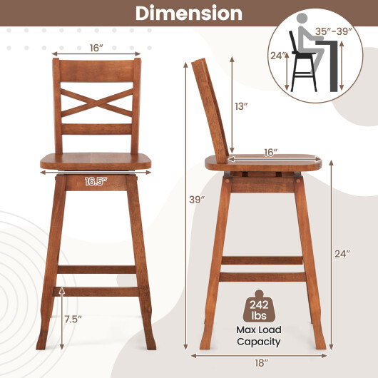Swivel 24-Inch Counter Height Stool Set of 2 with Inclined Backrest-Walnut - Color: Walnut - Size: 24 inches - Image 5