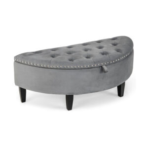 Half Moon Storage Bench with Rubber Wood Legs-Gray - Color: Gray
