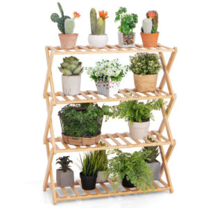 4-Tier Foldable Bamboo Shoe Rack with Slatted Shelves-Natural - Color: Natural