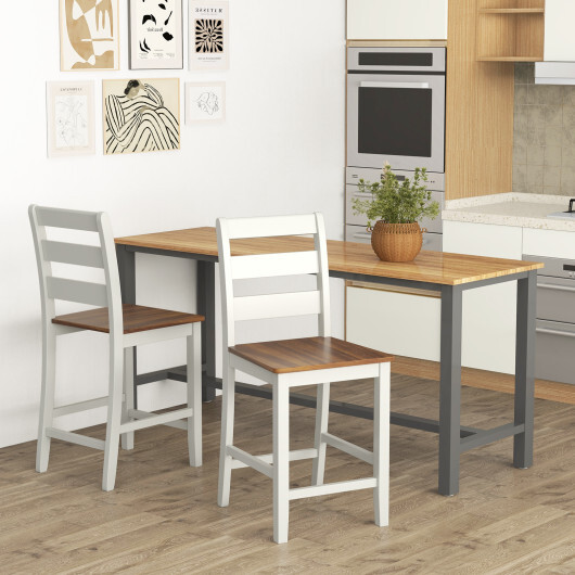 Set of 2 Counter Bar Stool with Inclined Backrest and Footrest-Gray - Color: Gray - Image 2