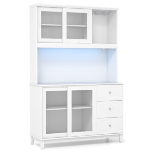 Kitchen Pantry Storage Cabinet Kitchen Hutch with LED lights and Power Outlet-White - Color: White