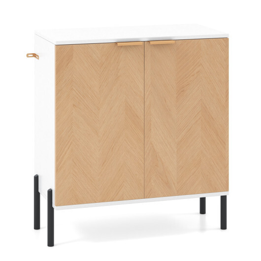 2-Door Buffet Cabinet Sideboard with Shelf and Metal Legs-White-Natural Wood - Color: White-Natural Wood