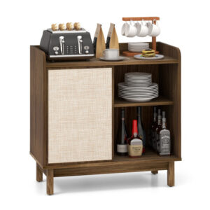 Rattan Buffet Sideboard Mid Century Floor Storage Cabinet with Sliding Door and Adjustable Shelves-Walnut - Color: Walnut