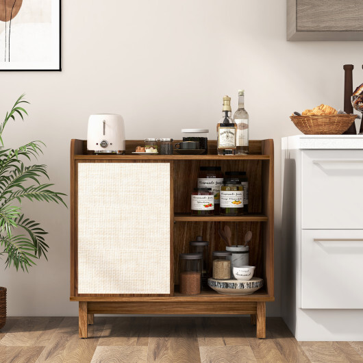 Rattan Buffet Sideboard Mid Century Floor Storage Cabinet with Sliding Door and Adjustable Shelves-Walnut - Color: Walnut - Image 2