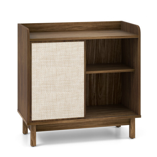 Rattan Buffet Sideboard Mid Century Floor Storage Cabinet with Sliding Door and Adjustable Shelves-Walnut - Color: Walnut - Image 4