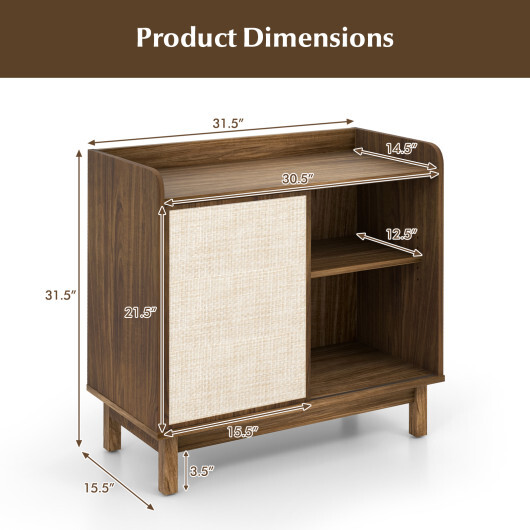 Rattan Buffet Sideboard Mid Century Floor Storage Cabinet with Sliding Door and Adjustable Shelves-Walnut - Color: Walnut - Image 5