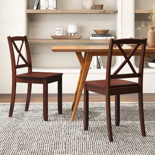 Wood Dining Chair Set of 2 with Rubber Wood Legs and Curved Backrest-Brown - Color: Brown - Image 2