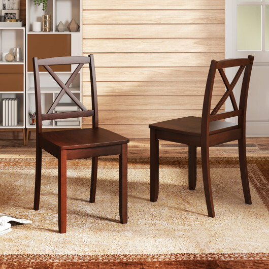 Wood Dining Chair Set of 2 with Rubber Wood Legs and Curved Backrest-Brown - Color: Brown - Image 3