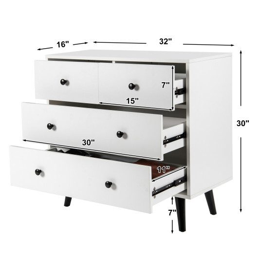 4 Drawers Dresser Chest of Drawers Free Standing Sideboard Cabinet-White - Color: White - Image 4