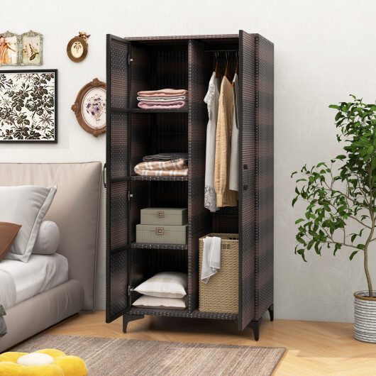 62 Inch Wicker Wardrobe with 2 Doors PE Rattan Closet with Hanging Rod-Brown - Color: Brown - Image 2