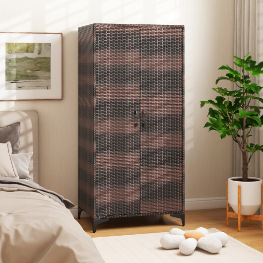 62 Inch Wicker Wardrobe with 2 Doors PE Rattan Closet with Hanging Rod-Brown - Color: Brown - Image 3