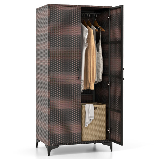 62 Inch Wicker Wardrobe with 2 Doors PE Rattan Closet with Hanging Rod-Brown - Color: Brown - Image 4