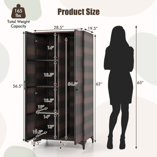 62 Inch Wicker Wardrobe with 2 Doors PE Rattan Closet with Hanging Rod-Brown - Color: Brown - Image 5