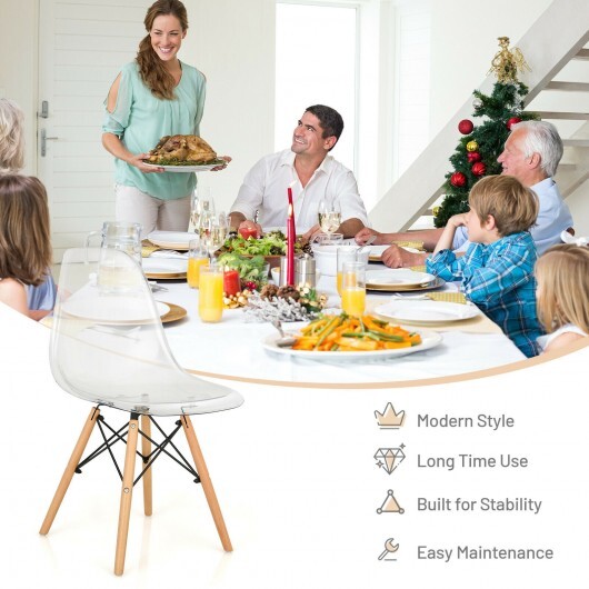 Set of 4 Dining Chairs Modern Plastic Shell Side Chair with Clear Seat and Wood Legs-Natural - Color: Natural - Image 3