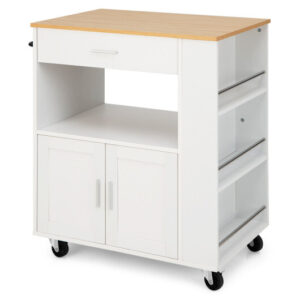 Rolling Kitchen Trolley with 3 Spice Racks Drawer and Open Shelf-White - Color: White