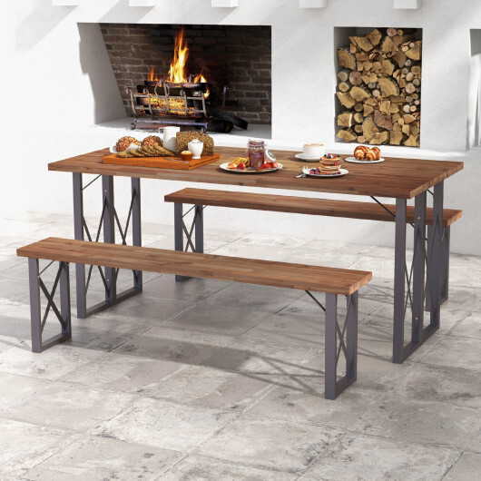 Outdoor Picnic Bench Set Solid Acacia Wood Patio Rectangular Benches - Color: Navy - Image 3