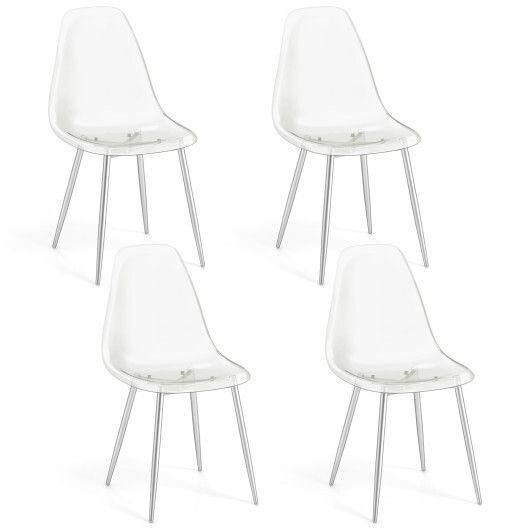 Set of 4 Dining Chairs Modern Plastic Shell Side Chair with Clear Seat and Wood Legs-Silver - Color: Silver