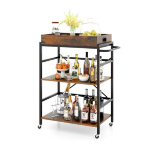 3-Tier Industrial Bar Cart with Detachable Tray for Kitchens-Rustic Brown - Color: Rustic Brown