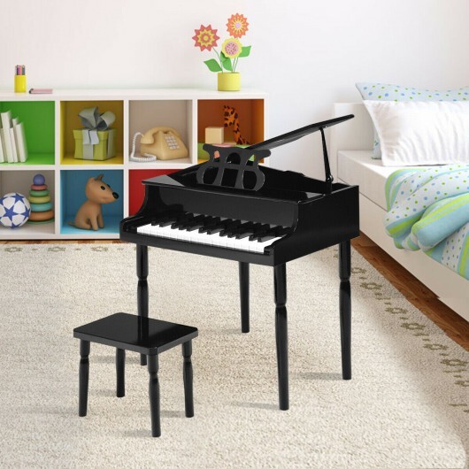 30-Key Wood Toy Kids Grand Piano with Bench & Music Rack-Black - Color: Black - Image 2