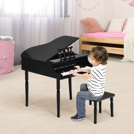 30-Key Wood Toy Kids Grand Piano with Bench & Music Rack-Black - Color: Black - Image 3