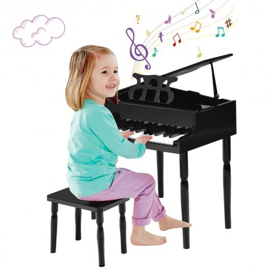 30-Key Wood Toy Kids Grand Piano with Bench & Music Rack-Black - Color: Black - Image 4
