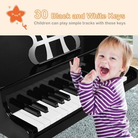 30-Key Wood Toy Kids Grand Piano with Bench & Music Rack-Black - Color: Black - Image 5