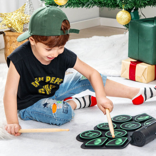 Electronic Drum Set with 2 Build-in Stereo Speakers for Kids-Green - Color: Green - Image 2