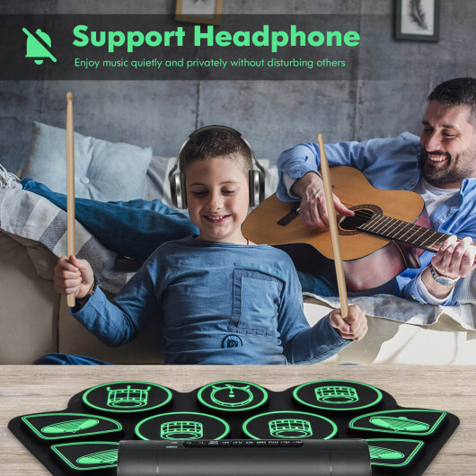 Electronic Drum Set with 2 Build-in Stereo Speakers for Kids-Green - Color: Green - Image 3