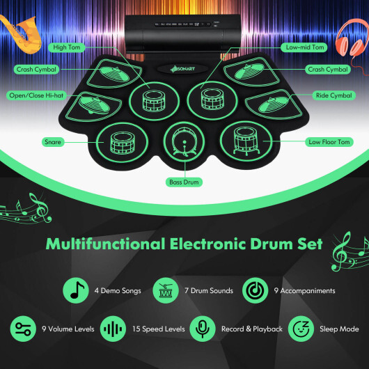 Electronic Drum Set with 2 Build-in Stereo Speakers for Kids-Green - Color: Green - Image 5