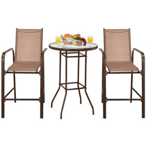 3 Pieces Outdoor Patio Bar Table Stool Set-Brown - Color: Brown