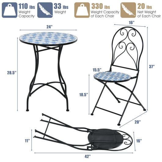 3 Pieces Patio Bistro Furniture Set with Mosaic Design - Color: Black - Image 4