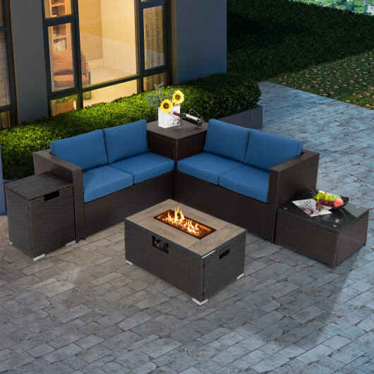 6 Pieces Outdoor Wicker Furniture Set with 32 Inch Propane Fire Pit Table-Navy - Color: Navy - Image 3