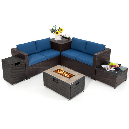 6 Pieces Outdoor Wicker Furniture Set with 32 Inch Propane Fire Pit Table-Navy - Color: Navy - Image 4