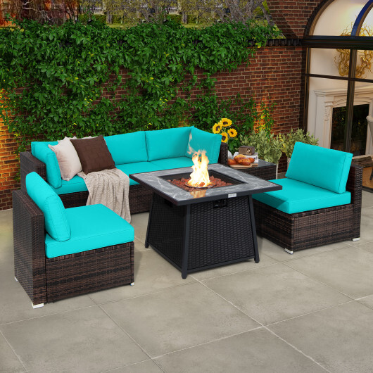 7 Pieces Patio Furniture Set with 35 Inches 50000 BTU Propane Gas Fire Pit Table and Waterproof Cover for Firpit-Turquoise - Color: Turquoise - Image 2