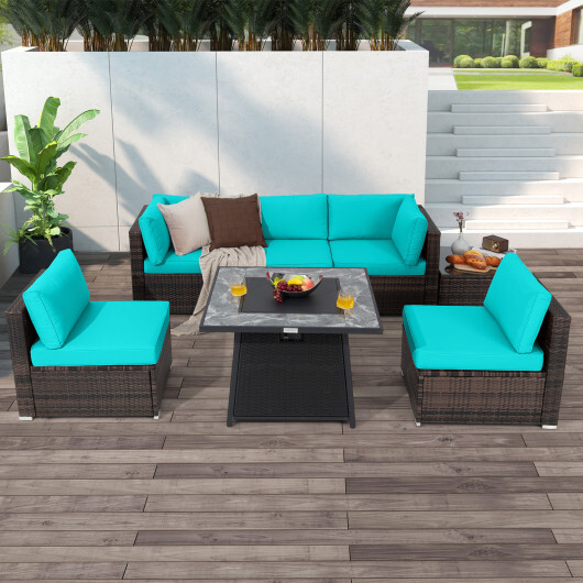 7 Pieces Patio Furniture Set with 35 Inches 50000 BTU Propane Gas Fire Pit Table and Waterproof Cover for Firpit-Turquoise - Color: Turquoise - Image 3