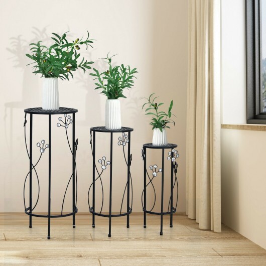 3 Pieces Metal Plant Stand Set with Crystal Floral Accents Round-Black - Color: Black - Image 2