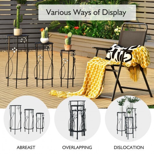 3 Pieces Metal Plant Stand Set with Crystal Floral Accents Round-Black - Color: Black - Image 3