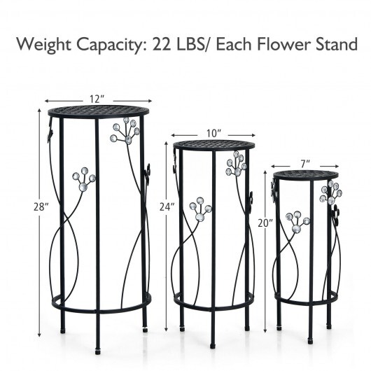 3 Pieces Metal Plant Stand Set with Crystal Floral Accents Round-Black - Color: Black - Image 4