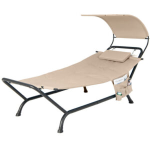 Patio Hanging Chaise Lounge Chair with Canopy Cushion Pillow and Storage Bag-Beige - Color: Beige